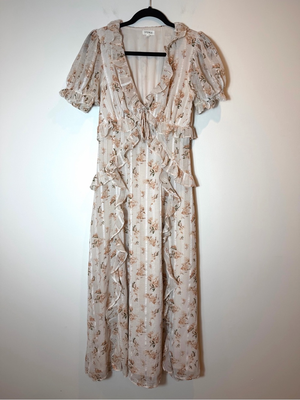 Storia Floral Ruffle Maxi Dress Cream Pink Cottagecore Medium